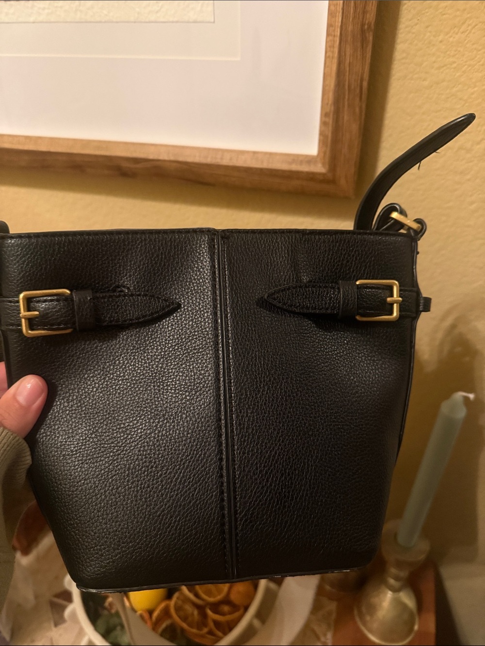 Zara Black Leather Bucket Crossbody Bag with Canvas Strap - Picture 3 of 5